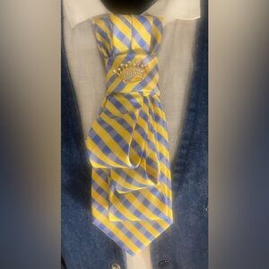 Yellow and Blue Striped Tie with Crown Pin